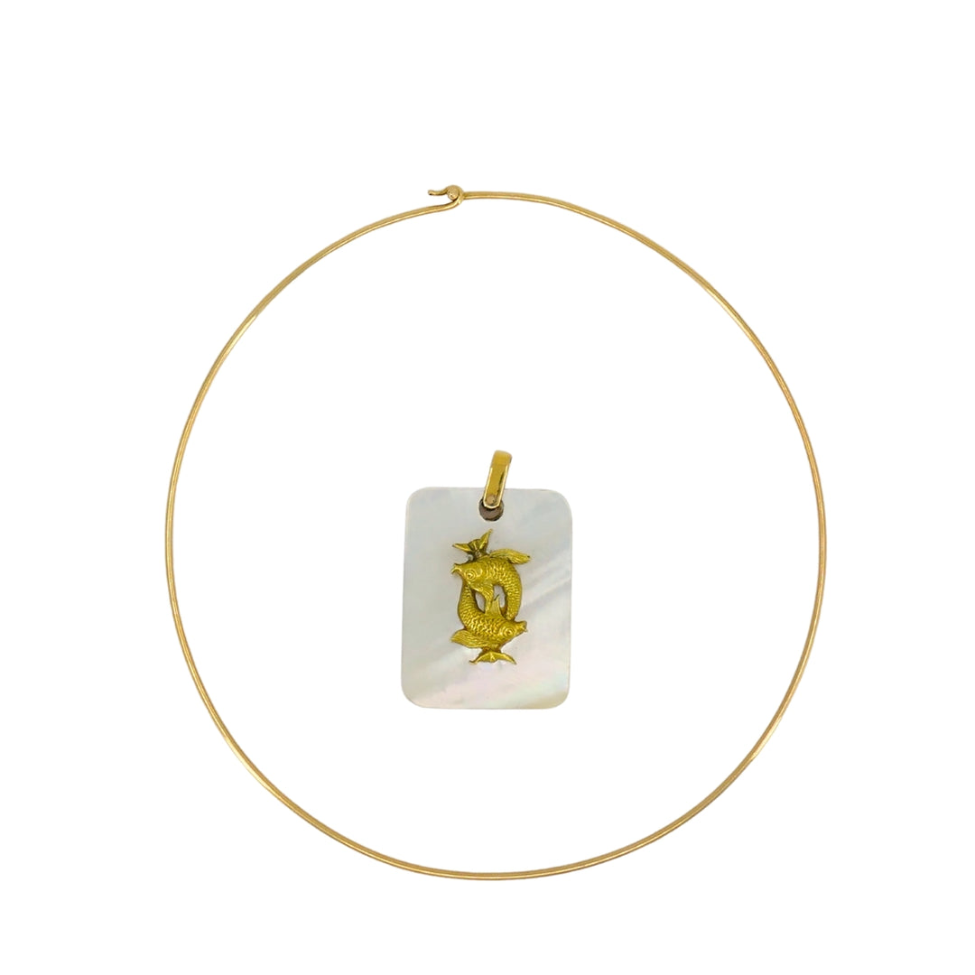 Vintage Pisces Pendant 18k Gold MOP 14k Gold Collar Necklace