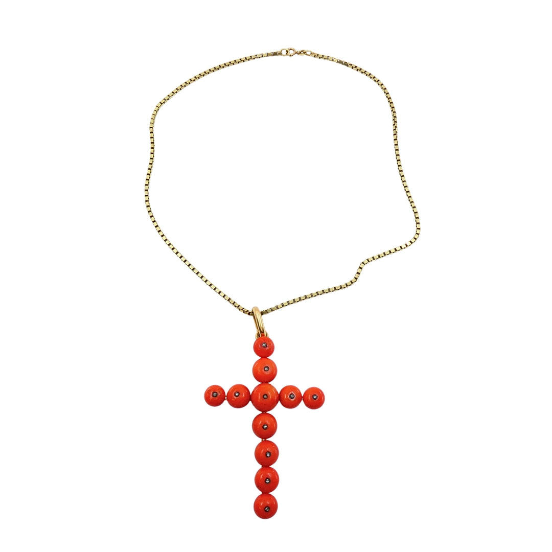 Victorian 18k Gold Coral Diamond Accent Cross Pendant Necklace 14k Gold Chain