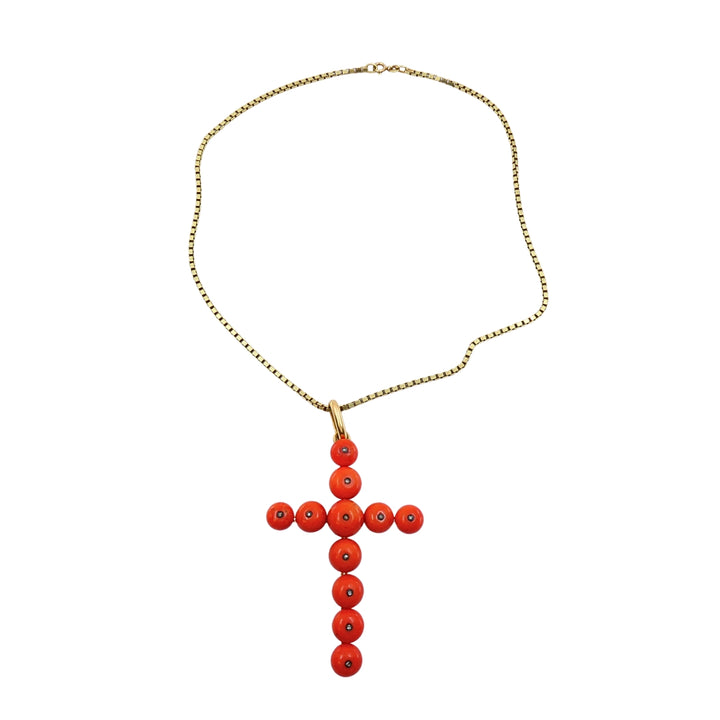 Victorian 18k Gold Coral Diamond Accent Cross Pendant Necklace 14k Gold Chain