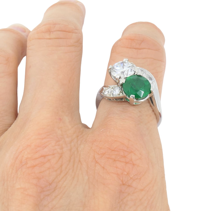Vintage Platinum Toi et Moi Engagement Ring Diamond Emerald