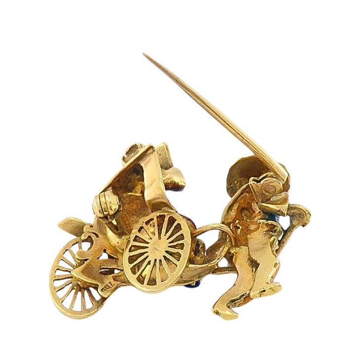 Vintage 18k Gold Riksha Brooch Pin Enamel Gemstone Accents