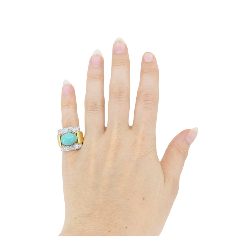 Vintage David Webb 18k Gold Diamond Turquoise Cocktail Ring