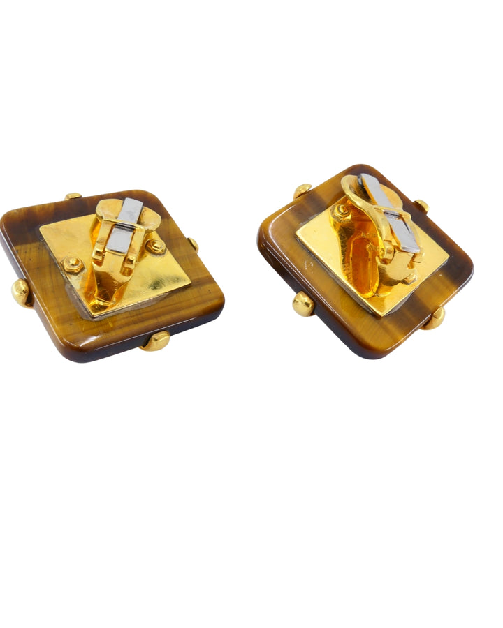 Aldo Cipullo Tiger’s Eye Earrings Chrysoprase 18k Gold Rhombus Shaped Earrings