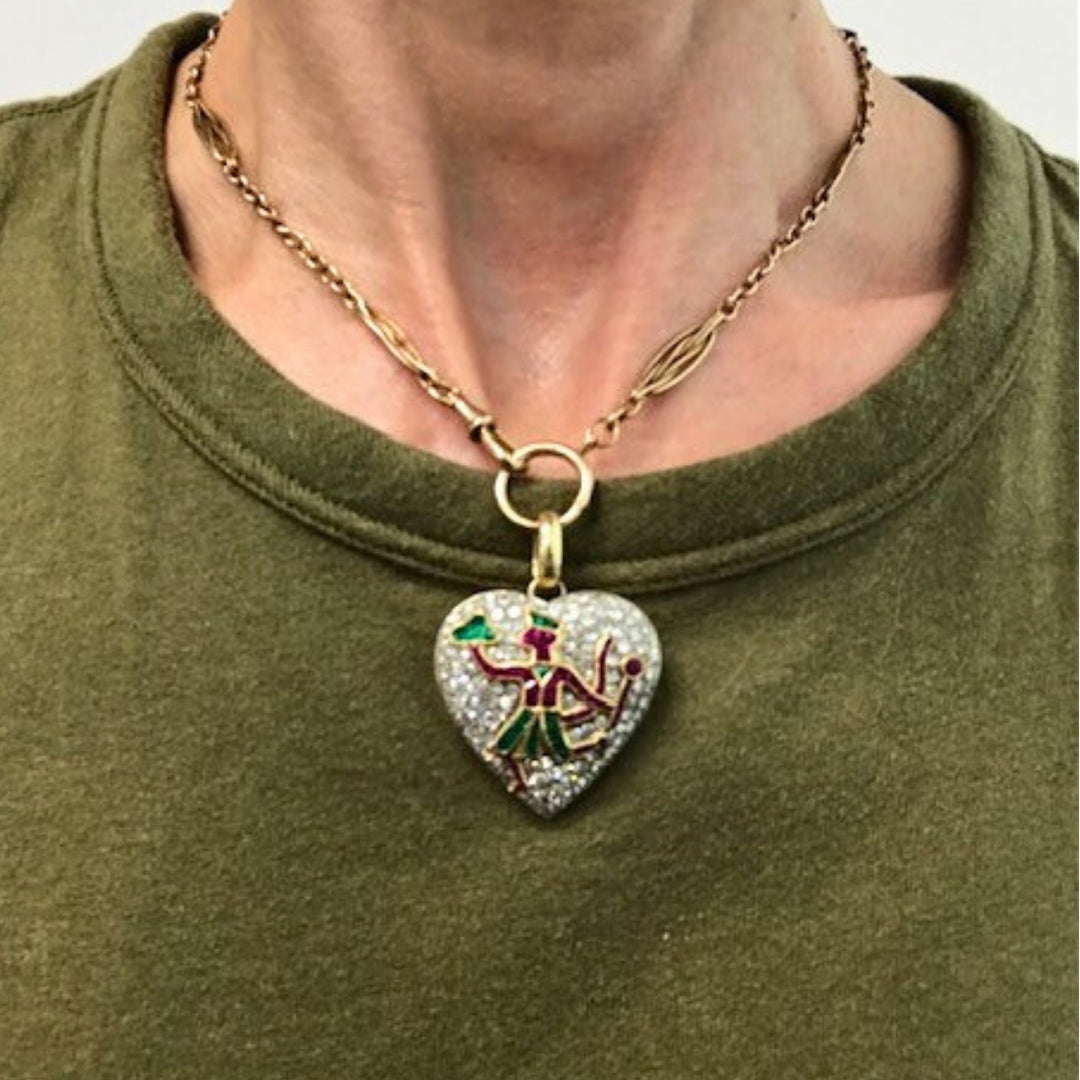Vintage Heart Pendant Diamond Platinum Indian Mythology Motif 14k Chain