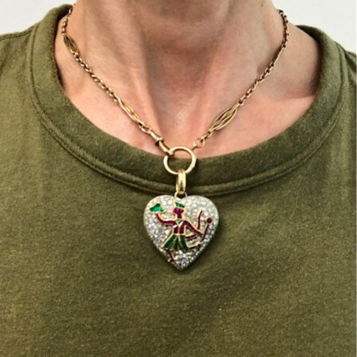 Vintage Heart Pendant Diamond Platinum Indian Mythology Motif 14k Chain