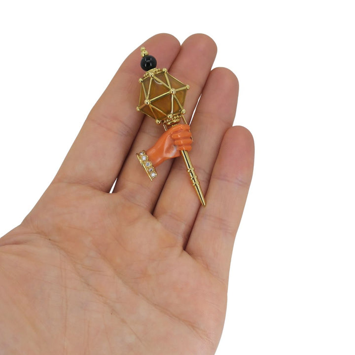 Vintage French 18k Gold Coral Diamond Clip Brooch