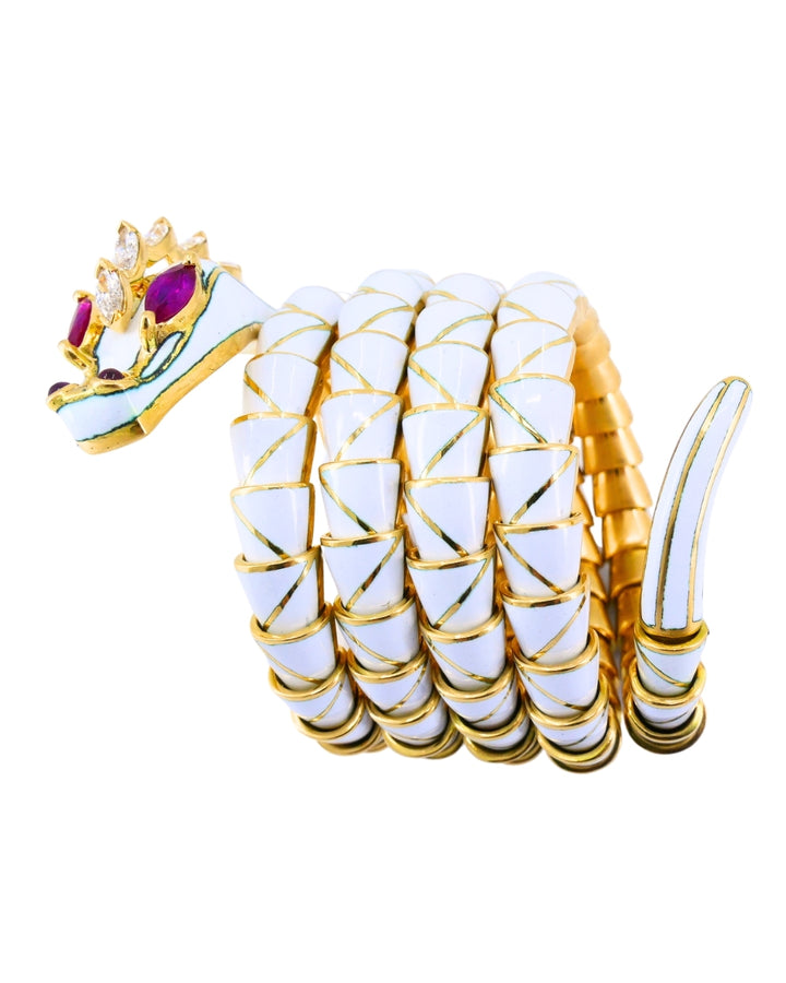 Rare Bvlgari Vintage Bulgari Dragon Bracelet 18k Gold Diamond White Enamel