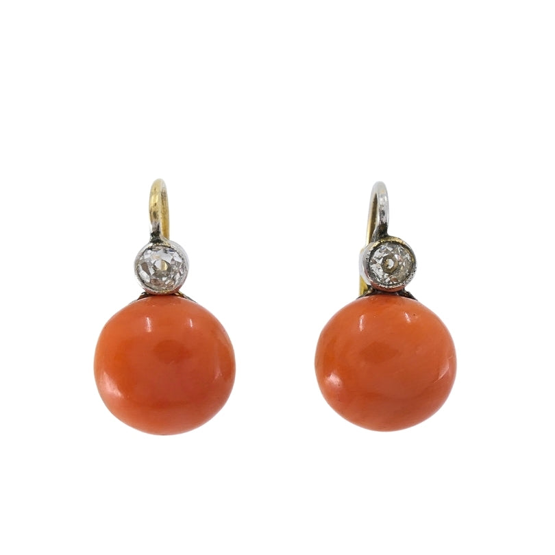 Antique 14k Gold Coral Diamond Accent Drop Earrings