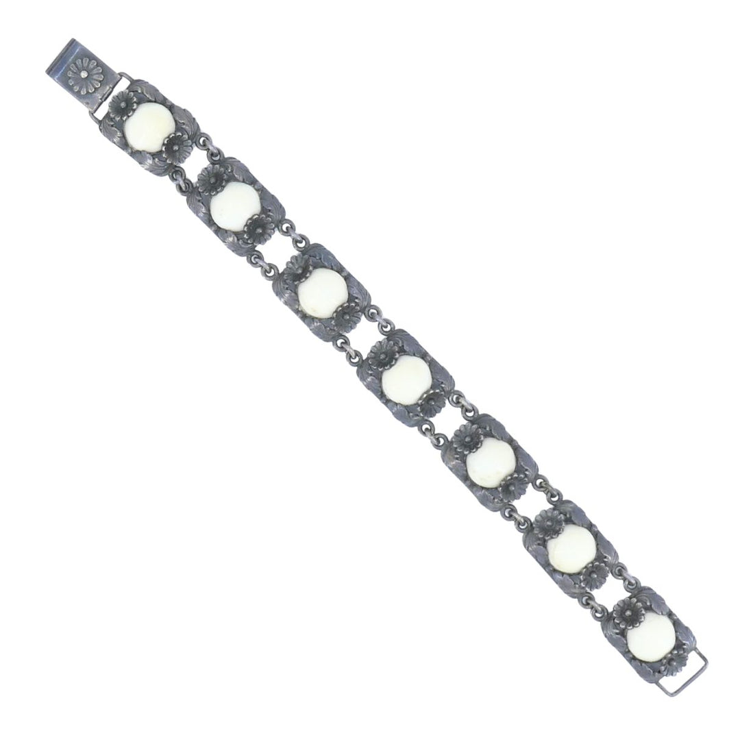 Vintage N.E. From Denmark Sterling Silver Bone Cabochon Bracelet