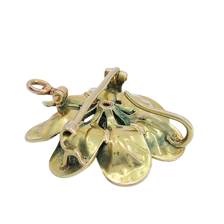 14k Gold Violet Flower Diamond Seed Pearl Pendant Brooch Necklace