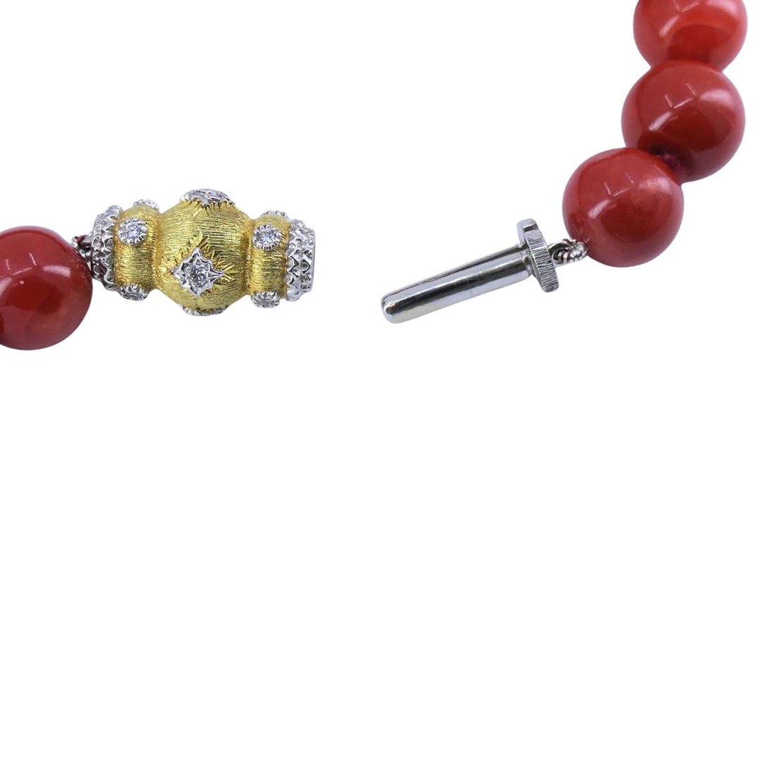 Mario Buccellati 18k Two Tone Gold Diamond Red Coral Bead Necklace 1960s