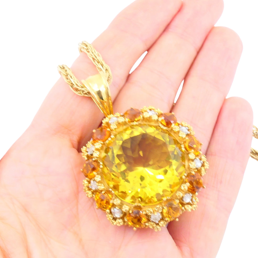 Vintage Necklace 14k Gold Citrine Diamond Pendant Twisted Rope Chain