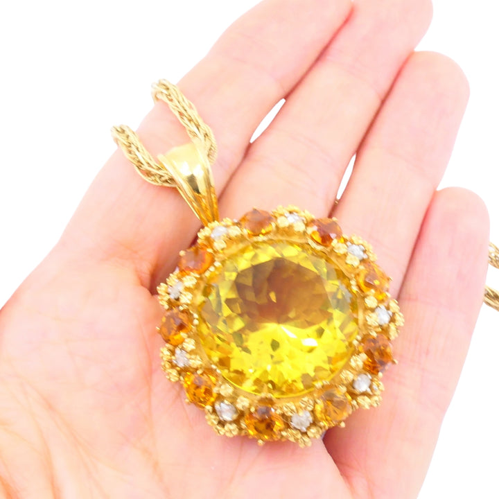 Vintage Necklace 14k Gold Citrine Diamond Pendant Twisted Rope Chain