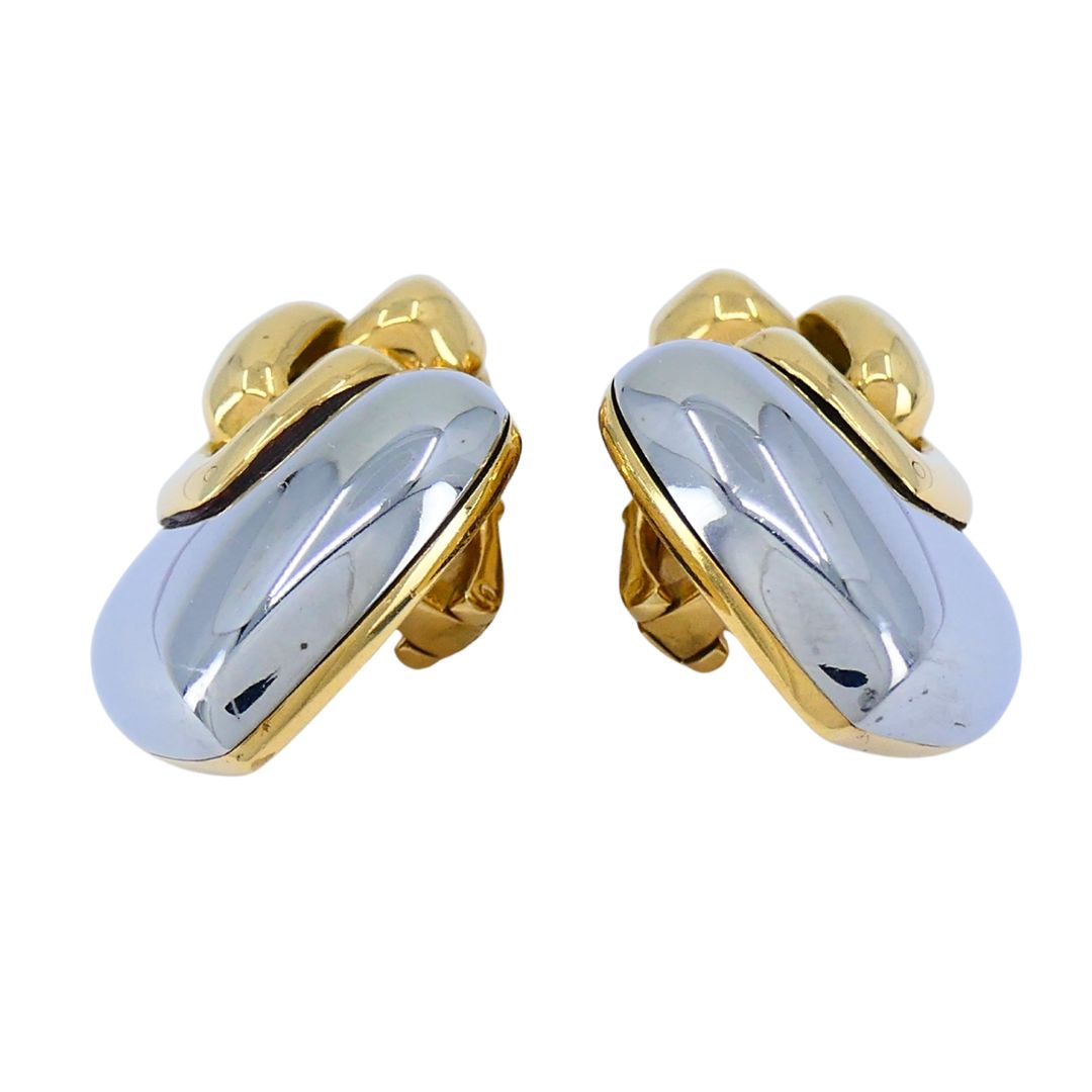 Vintage Bvlgari 18k Gold Steel Doppio Cuore Heart Earrings