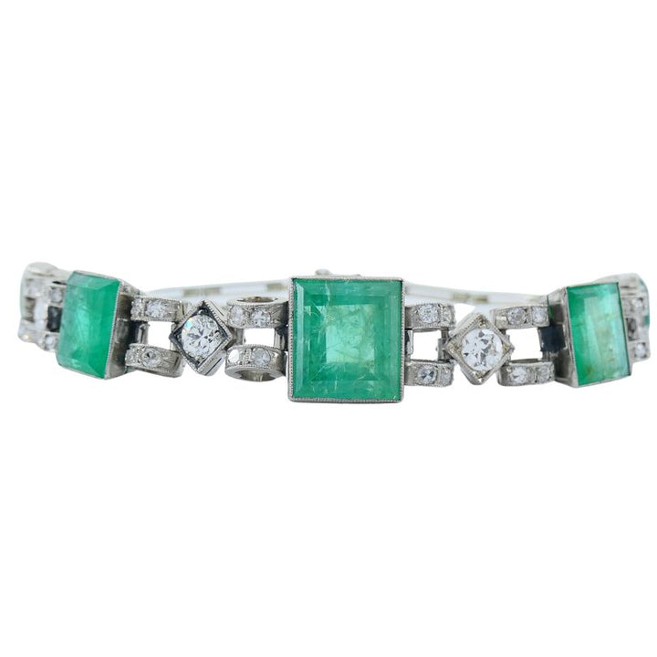 Victorian 18k White Gold Emerald Diamond Bracelet