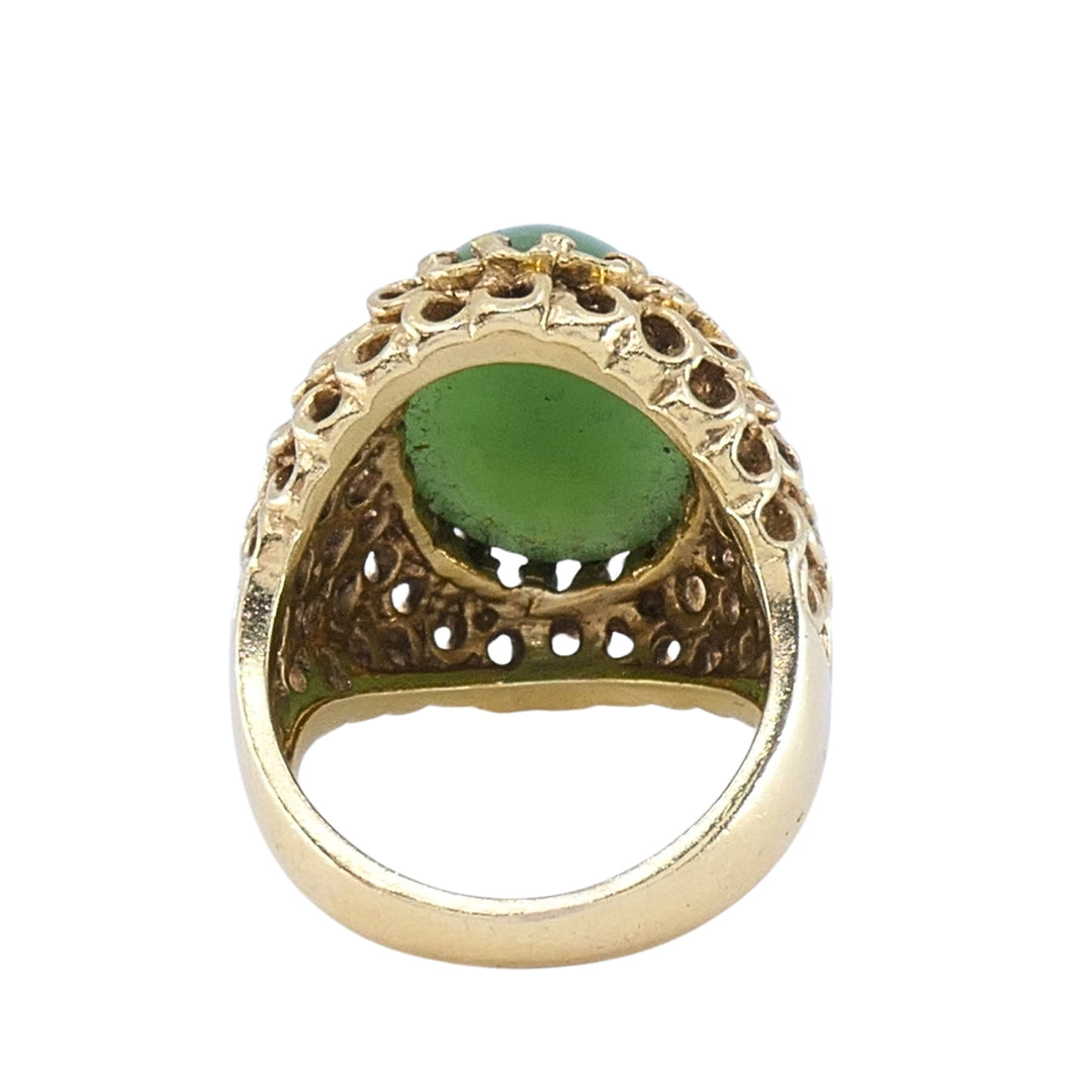 Vintage 14k Gold Green Jade Cabochon Cocktail Ring, Ornate Openwork Mounting