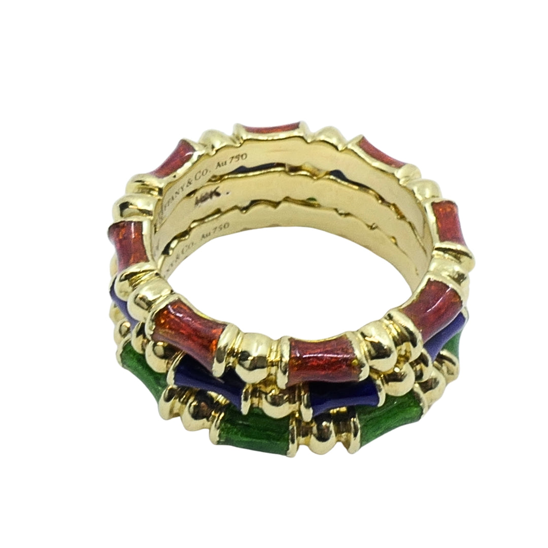 Tiffany & Co. Enamel Bamboo Stacking Rings 18k Yellow Gold Blue Green & Red