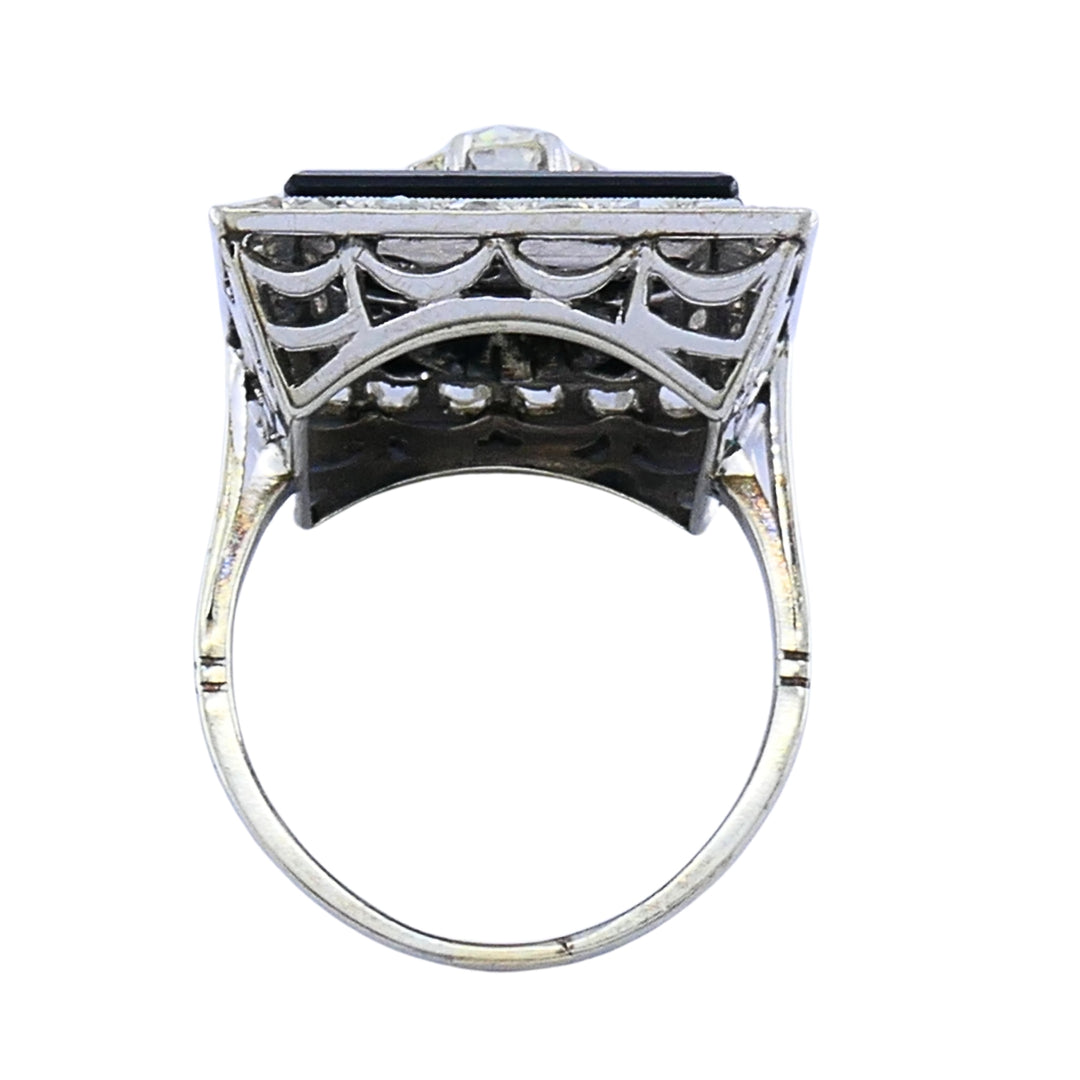 Art Deco 14k Gold Onyx Diamond Square Plaque Ring Antique Jewelry