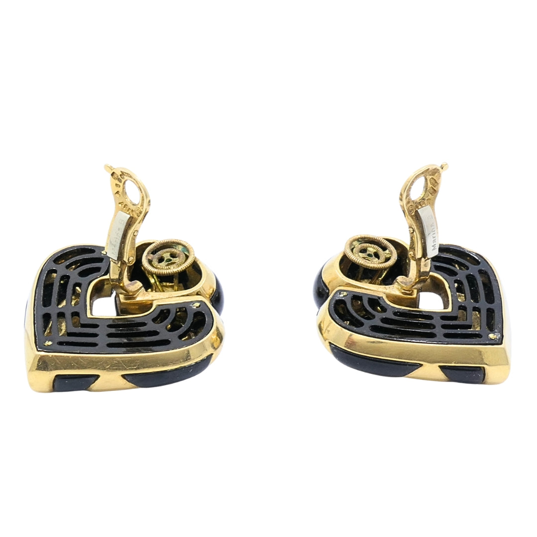 Marina B 18k Gold Black Enamel Heart Earrings Vintage Italian Designer Clip-Ons