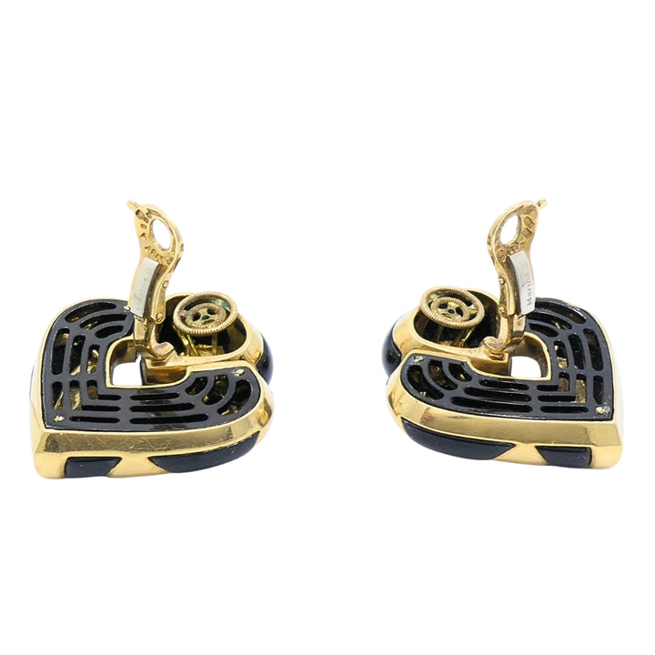 Marina B 18k Gold Black Enamel Heart Earrings Vintage Italian Designer Clip-Ons