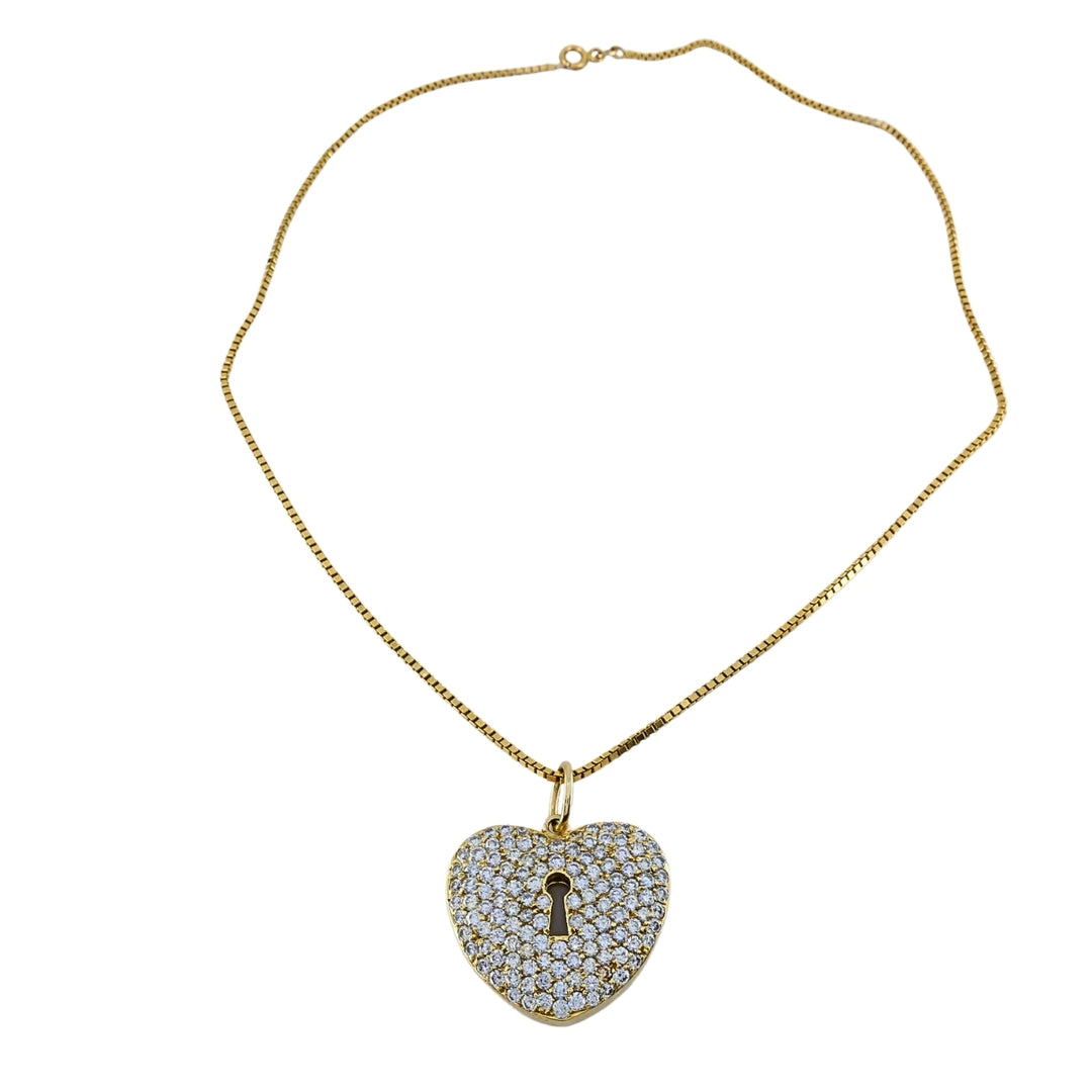 Vintage 18k Gold Pavé Diamond Heart Lock Pendant Necklace 14k Box Chain