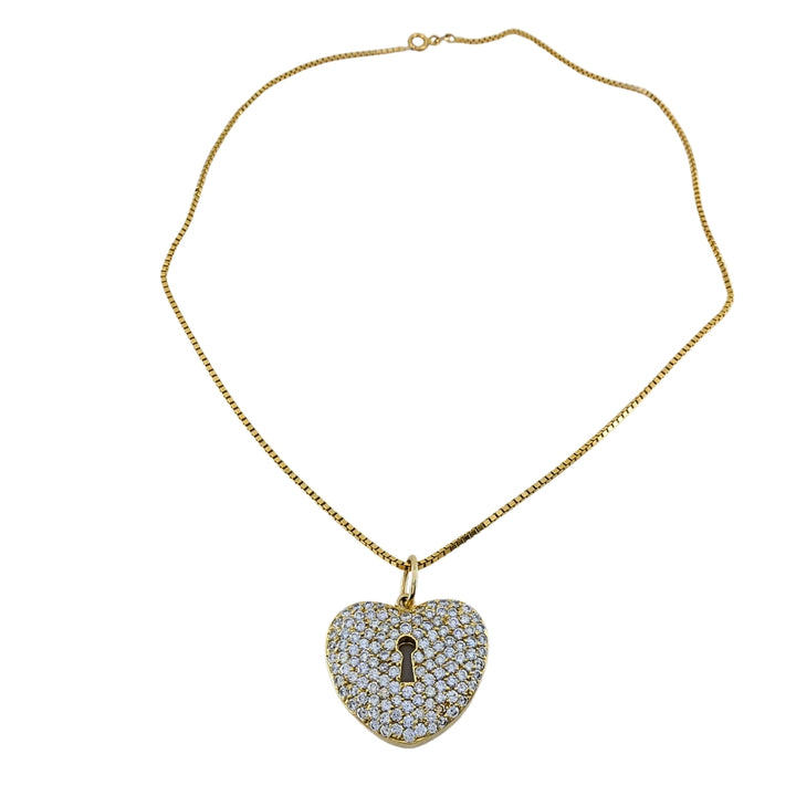 Vintage 18k Gold Pavé Diamond Heart Lock Pendant Necklace 14k Box Chain