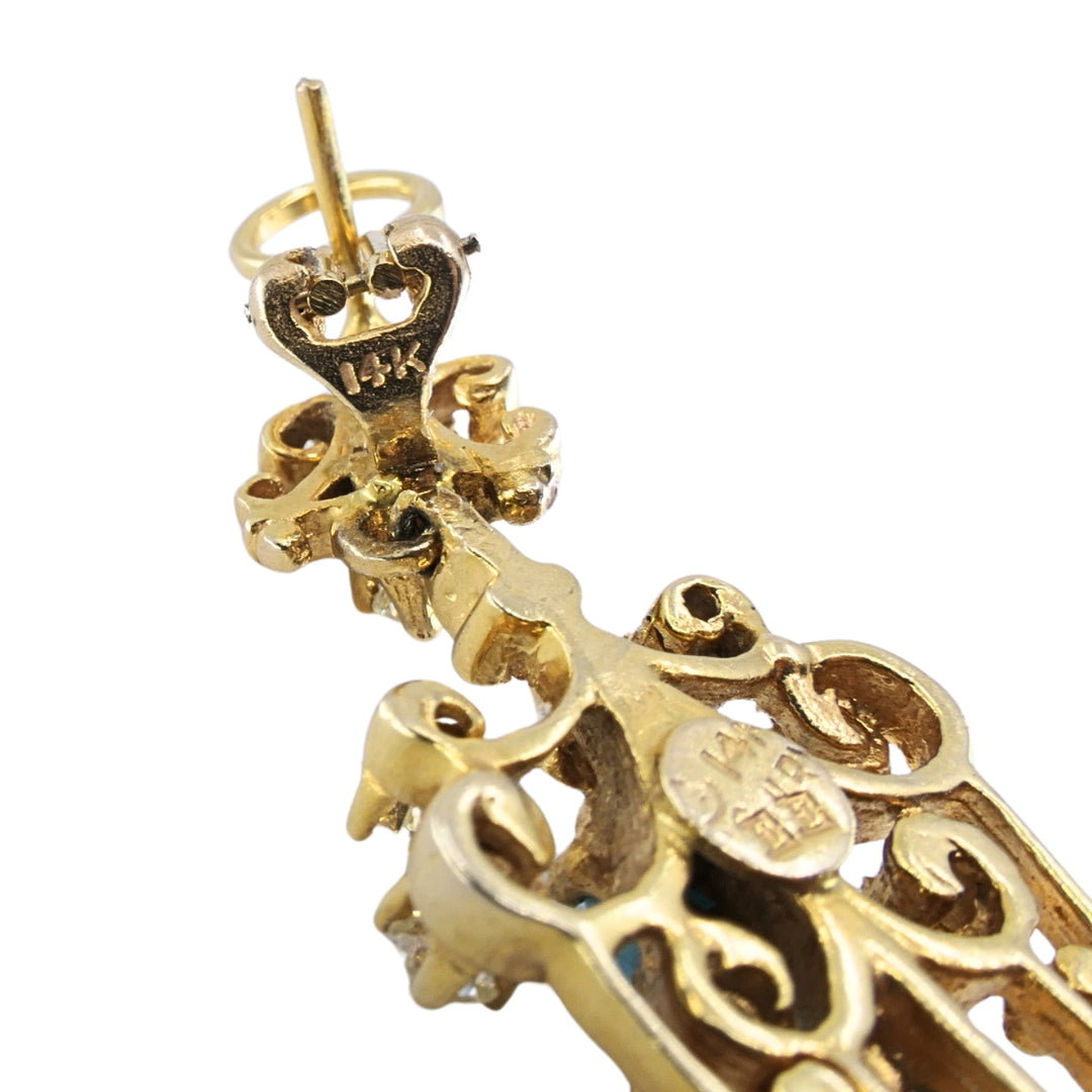 14k Yellow Gold Turquoise Diamond Scrollwork Drop Earrings