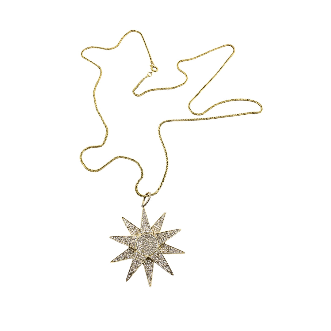 14k Gold Diamond Starburst Pendant Chain Necklace
