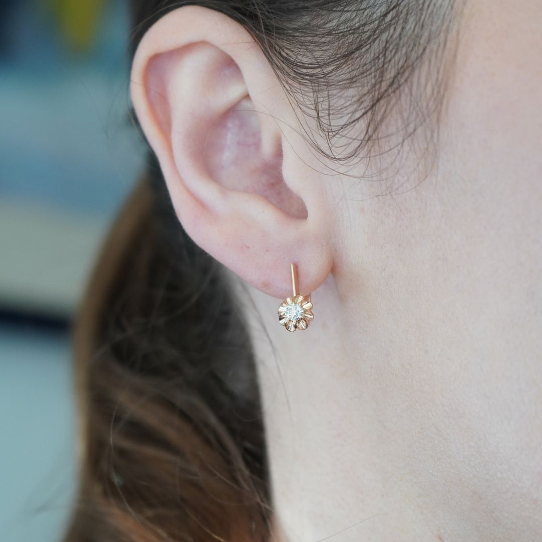 Vintage 14k Soviet Rose Gold Diamond Flower Earrings