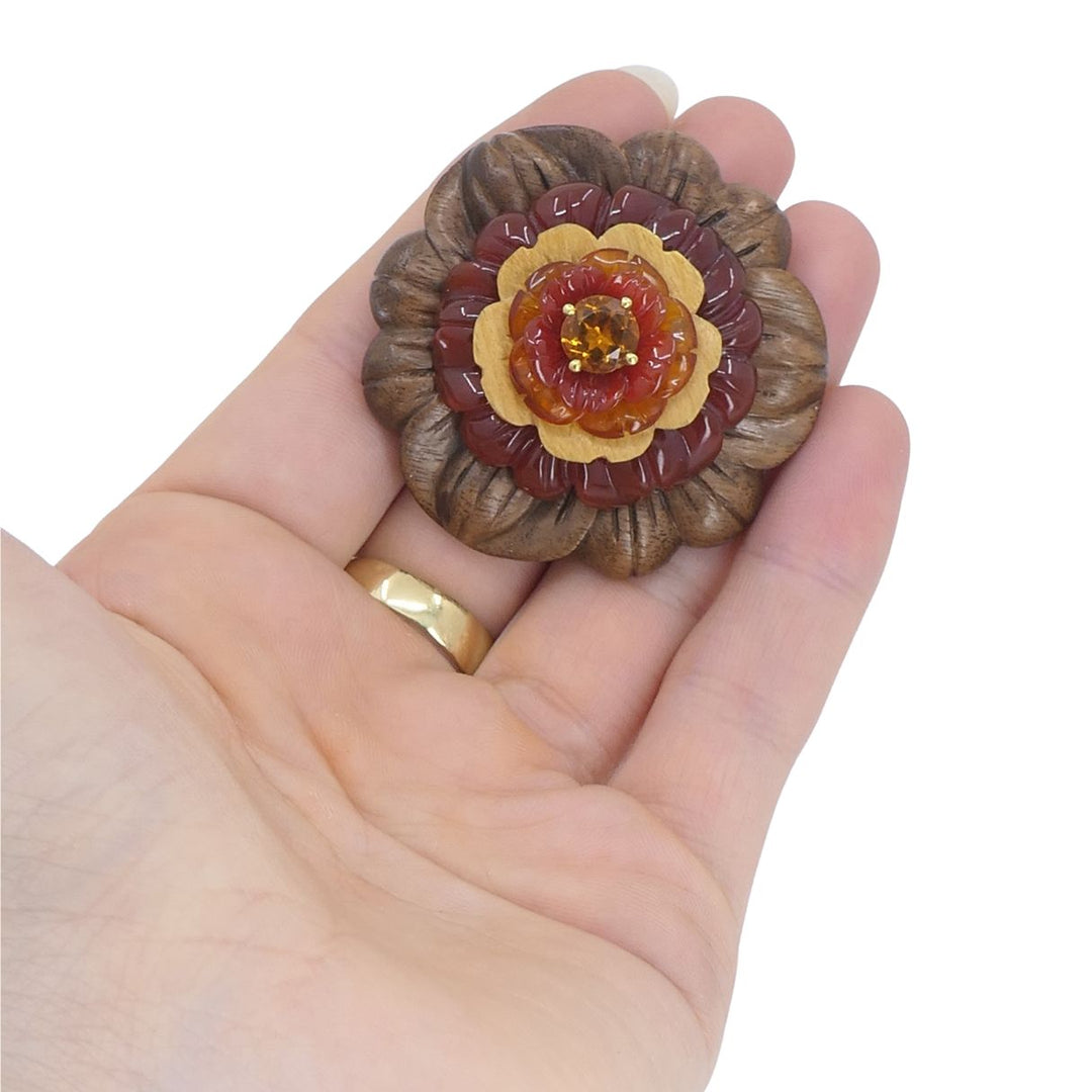 Bettina Gabetti for Trianon Flower Brooch 18k Gold Carved Wood Carnelian Citrine