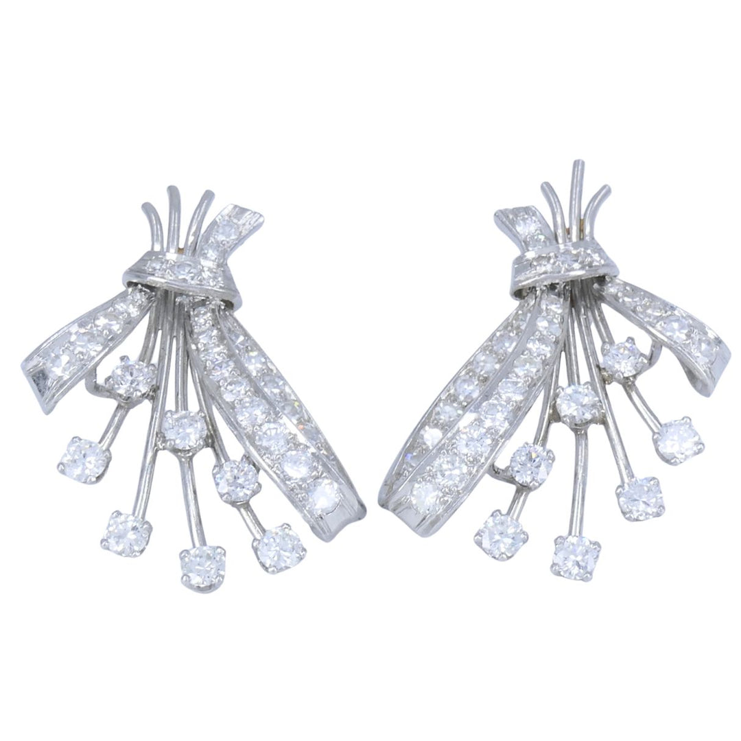 Mid Century Platinum Diamond Spray Earrings 4.30 Carats Bow Motif Gold Posts