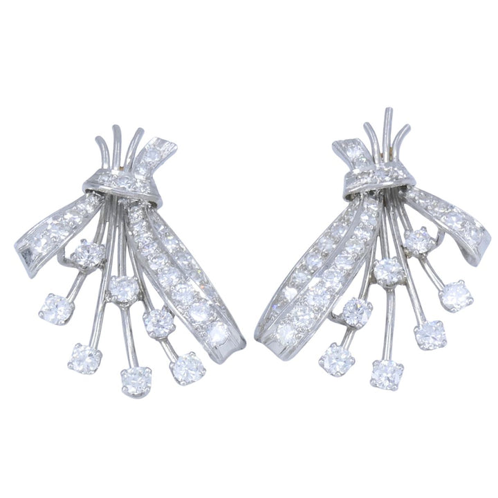 Mid Century Platinum Diamond Spray Earrings 4.30 Carats Bow Motif Gold Posts