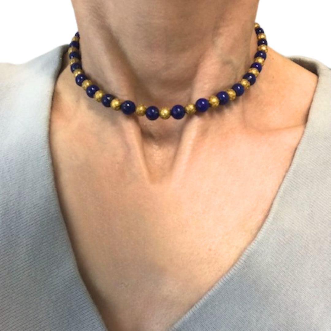 Vintage Choker Necklace 14k Textured Gold Lapis Lazuli Beads