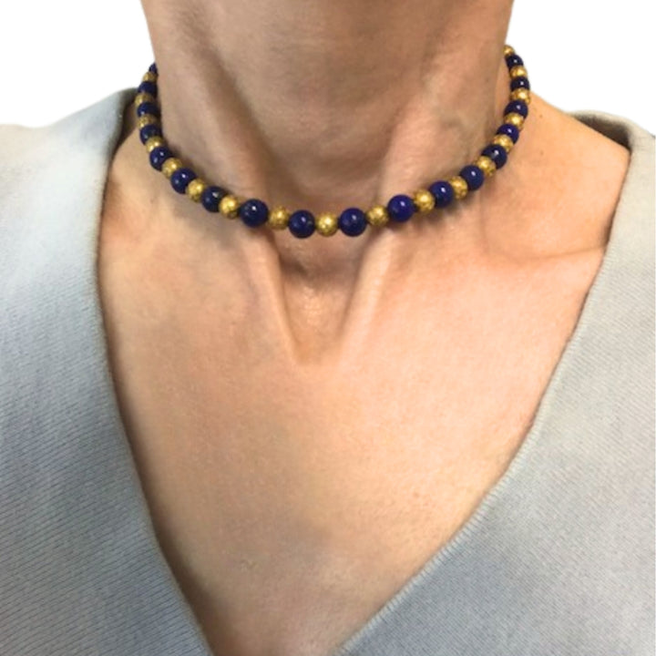 Vintage Choker Necklace 14k Textured Gold Lapis Lazuli Beads