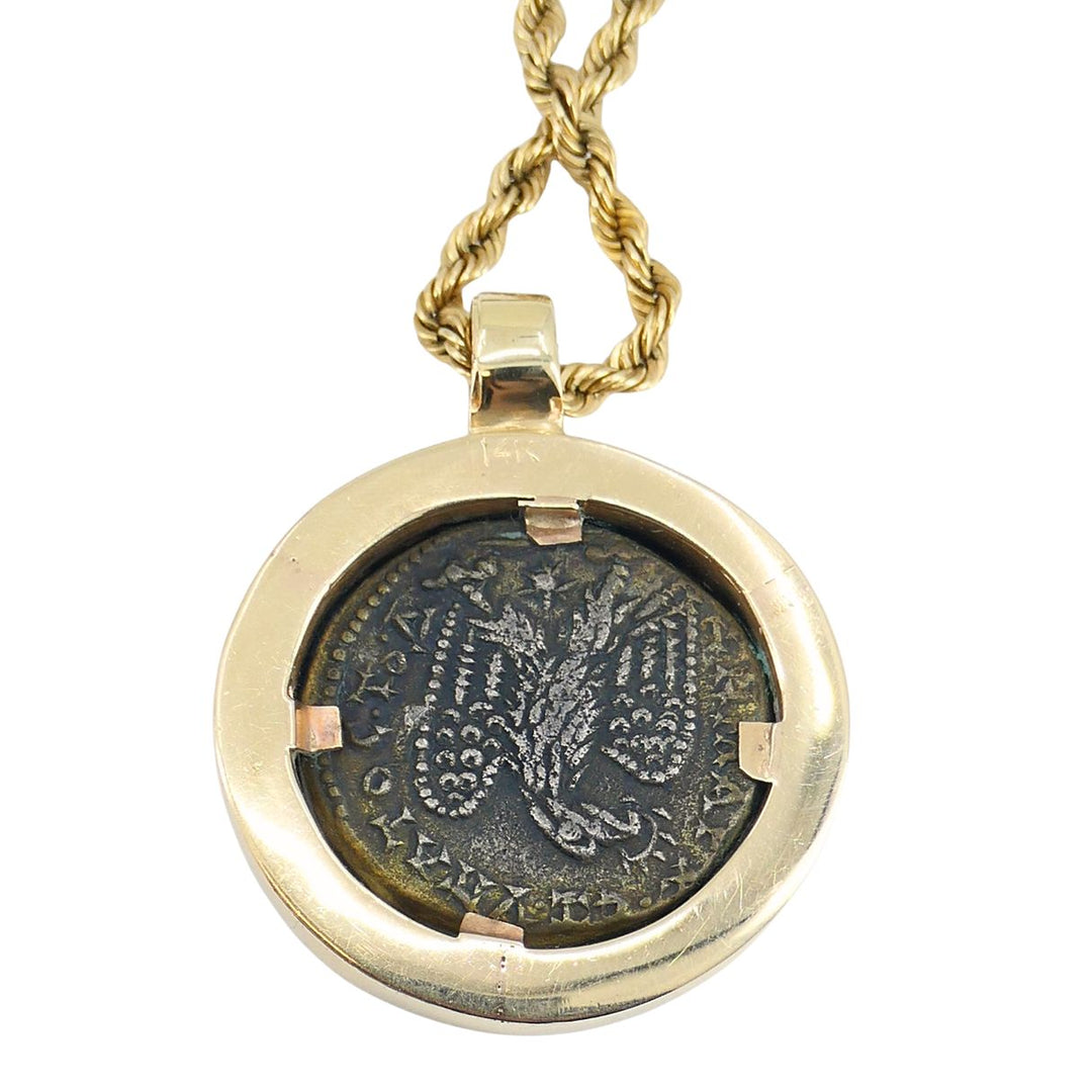 Vintage 14k Gold Diamond Ancient Coin Pendant Necklace