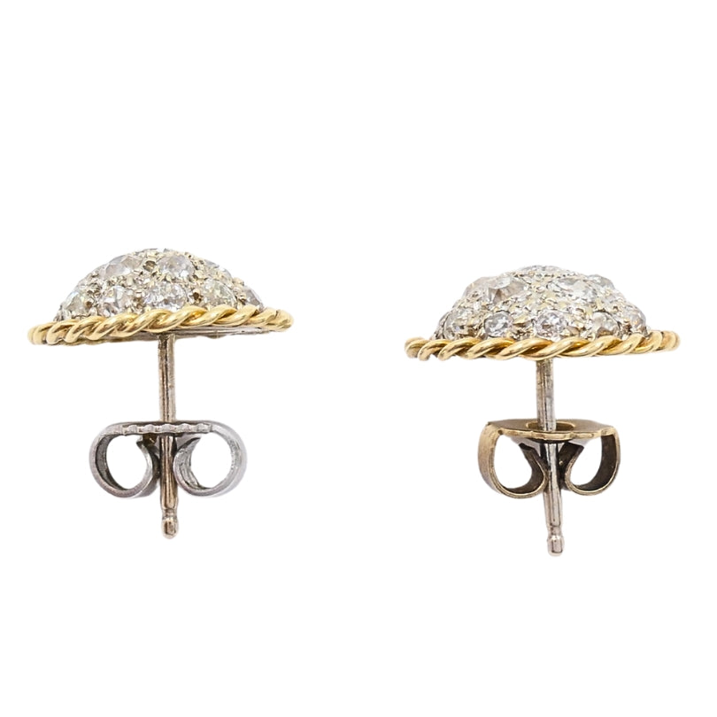 Vintage 14k Gold Stud Earrings Pave Diamond Rope Design