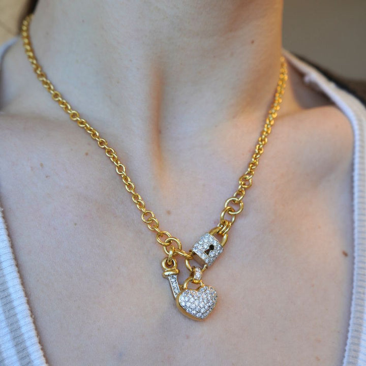 Vintage 18k Gold Diamond Heart Lock Key Pendant Necklace