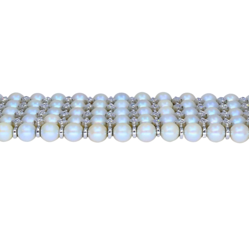 Vintage 1950s 14k White Gold Pearl and Diamond Bracelet Estate Jewelry