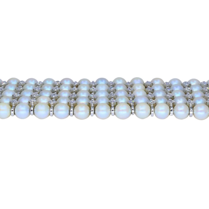 Vintage 1950s 14k White Gold Pearl and Diamond Bracelet Estate Jewelry