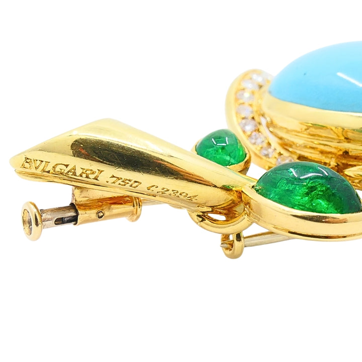 Bvlgari Bulgari 18k Gold Turquoise Flower Brooch Emerald Diamond Accents