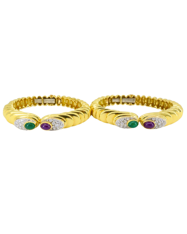David Webb Pair of 18k Gold Bracelets Platinum Diamond Gemstone Cabochons
