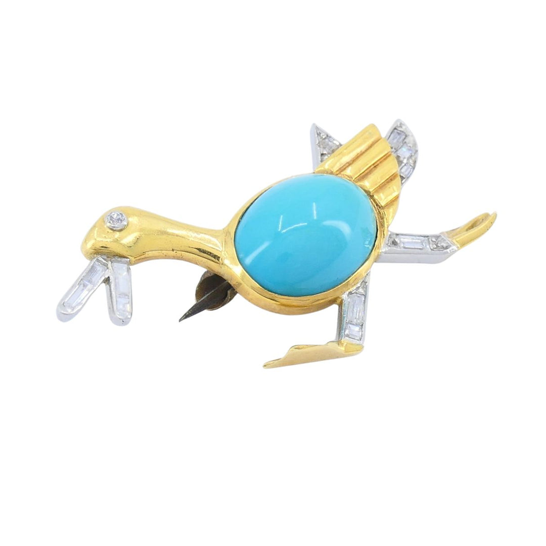 Marchak French 18k Gold Platinum Diamond Turquoise Duck Brooch