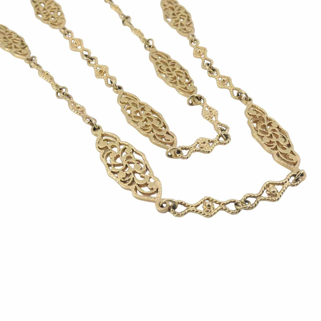 Vintage 14K Gold Openwork Filigree Marquise Long Chain Necklace