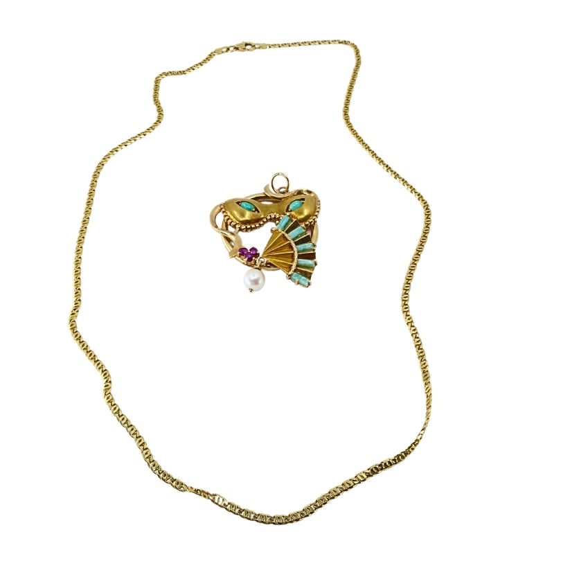 Vintage 14k Gold Masquerade Pendant 18k Gold Chain Necklace