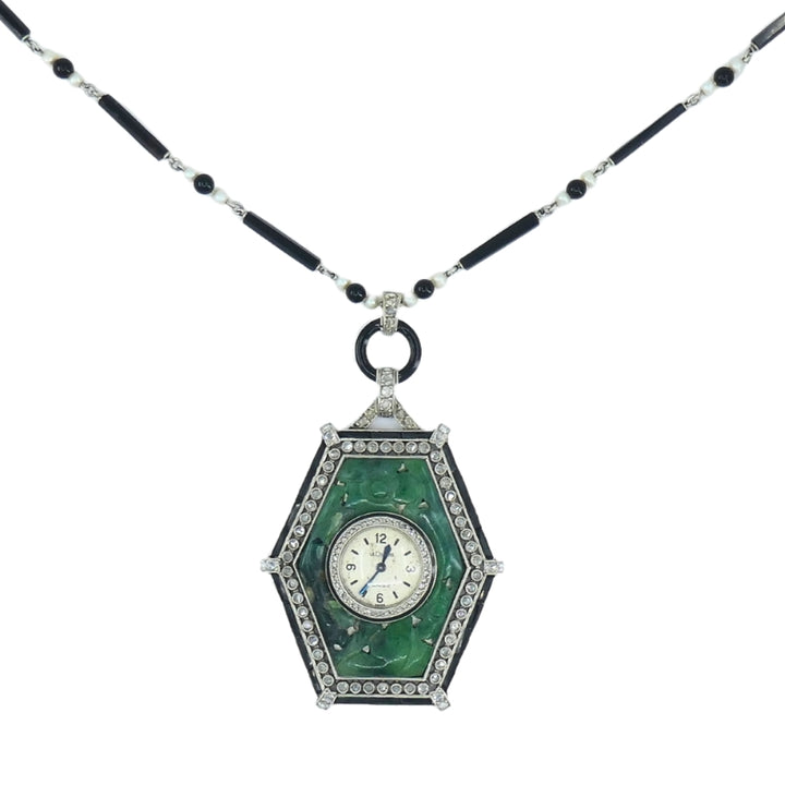 Art Deco Jaeger-LeCoultre Watch Pendant Jade Black Onyx Seed Pearl Necklace