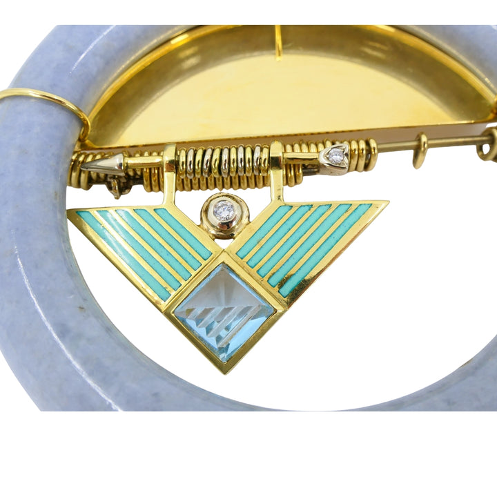 David Webb 1960s Jade Aquamarine Diamond Enamel Gold Brooch Pendant