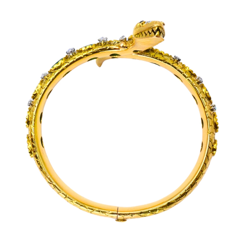 Vintage Snake Bangle Bracelet Gold Emerald Diamonds Estate Jewelry