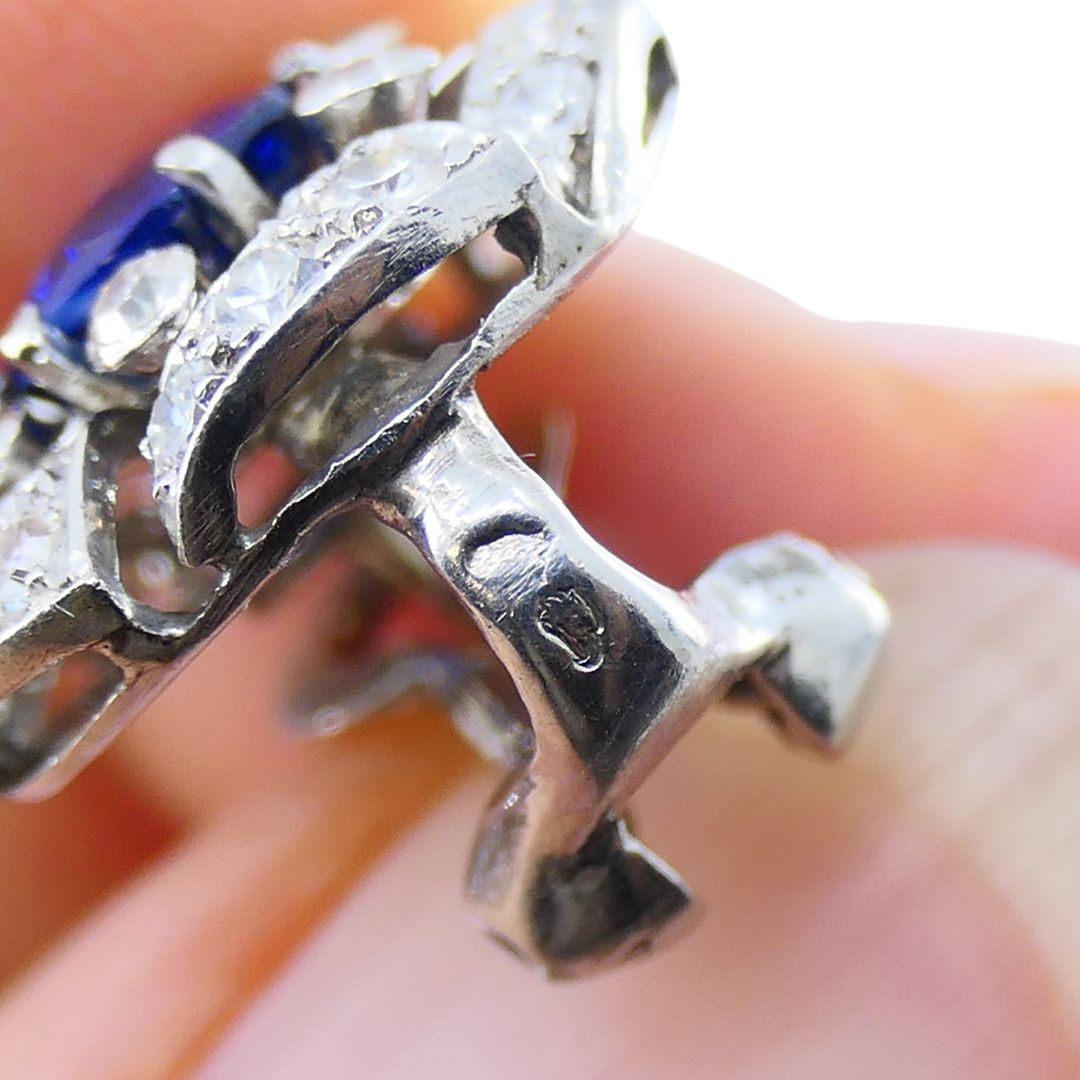 Vintage French Sapphire Diamond Platinum 18k White Gold Cluster Earrings