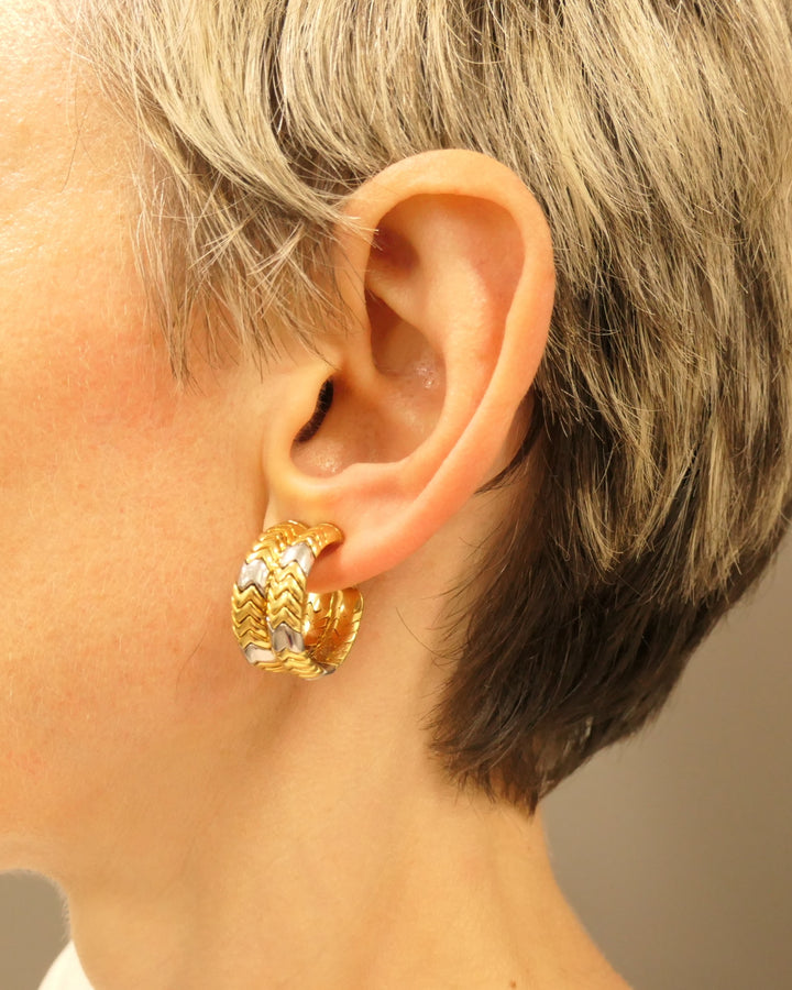 Bvlgari Bulgari Gold Earrings 18k Spiga Collection Two-Tone Chevron Pattern