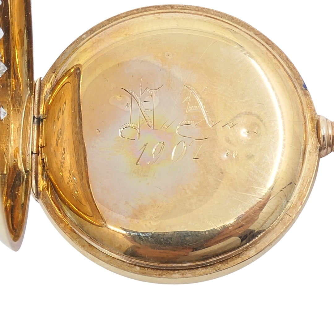 Antique Elgin 14K Gold Keystone Hunter Case Pocket Watch Diamond Butterfly